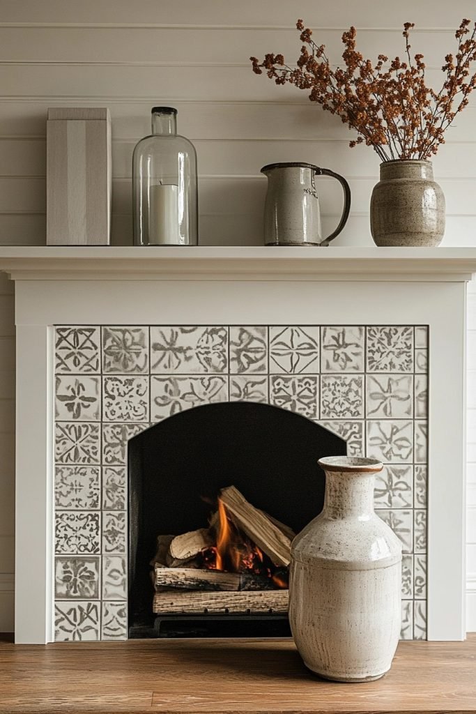 White and Gray Tiled Fireplace