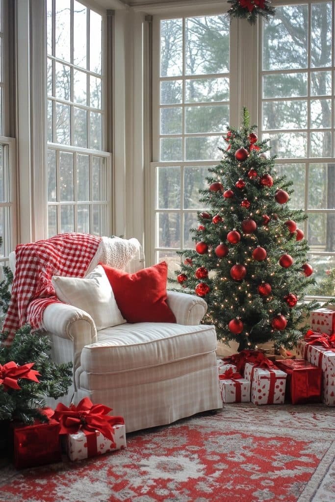 A Red and White Christmas Retreat in the Sunroom