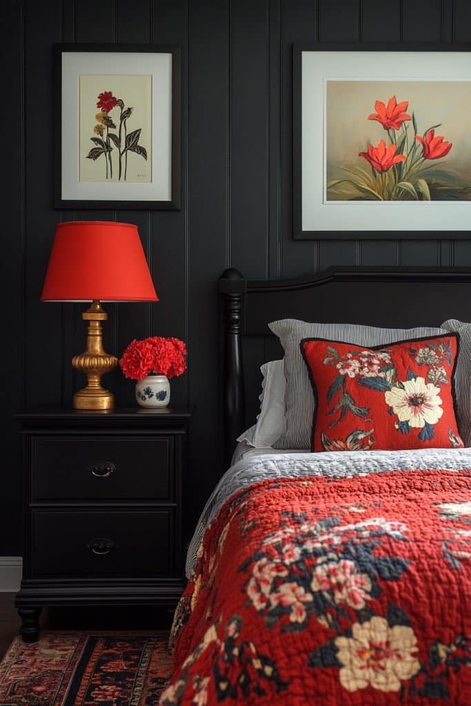 Black Bedroom with Bold Color Splashes