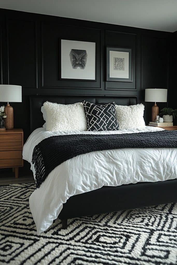 Black Bedroom with Geometric Patterns