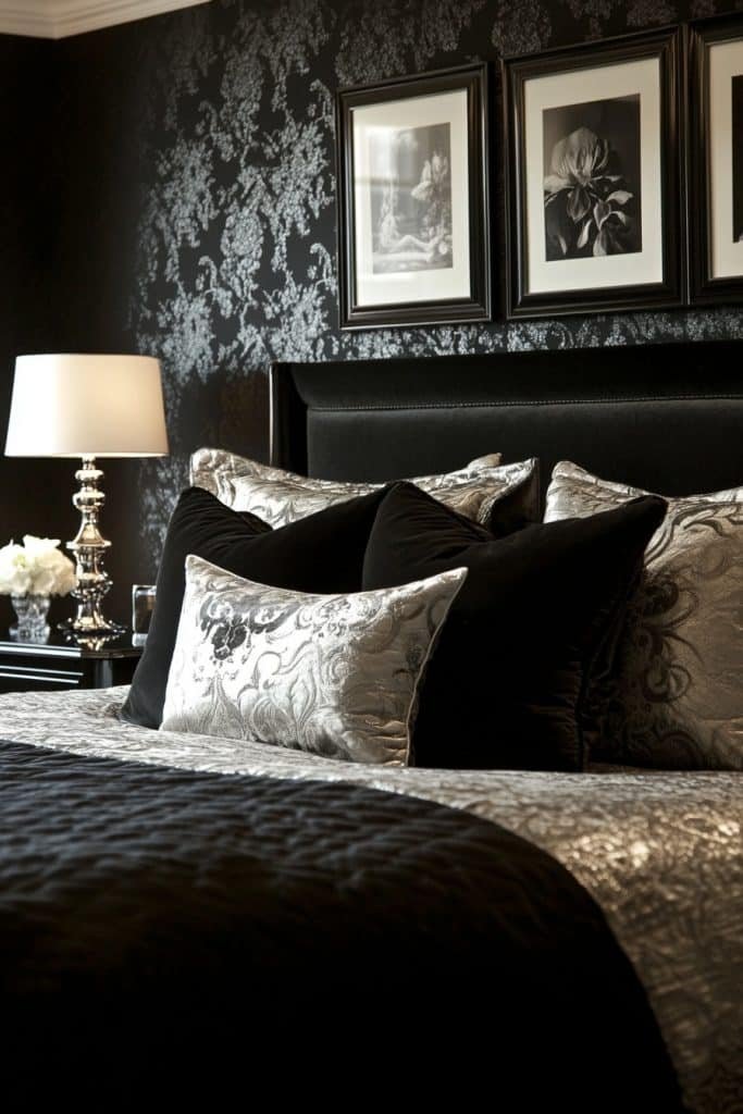 Black Bedroom with Metallic Finishes