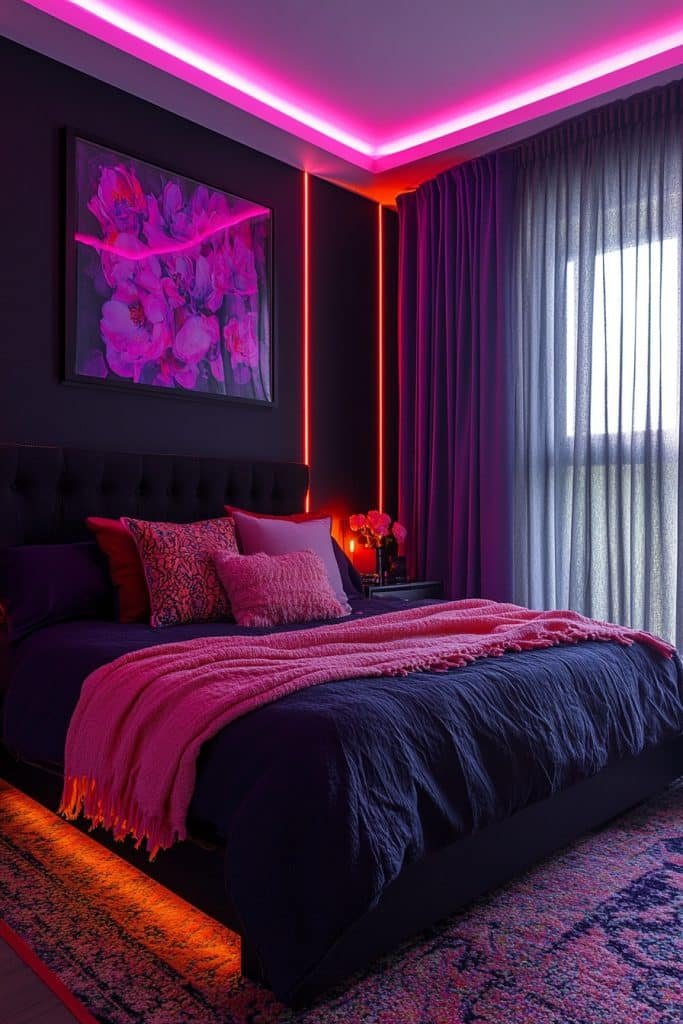 Black Bedroom with Neon Accents