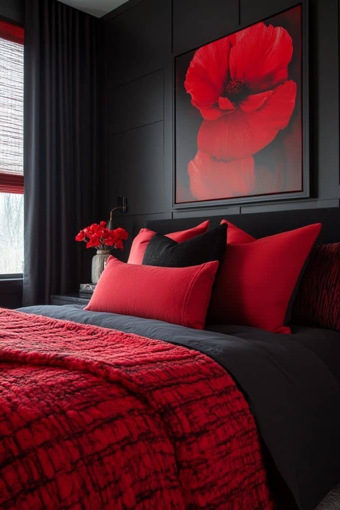 Black Bedroom with Red Accents