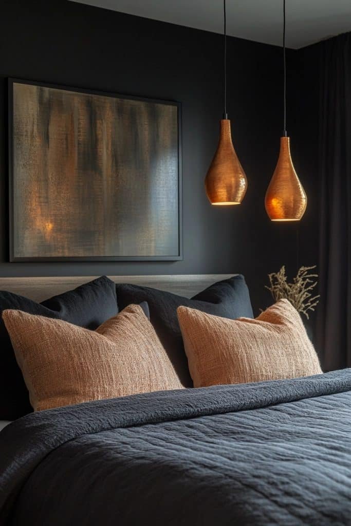 Black Bedroom with Statement Lighting