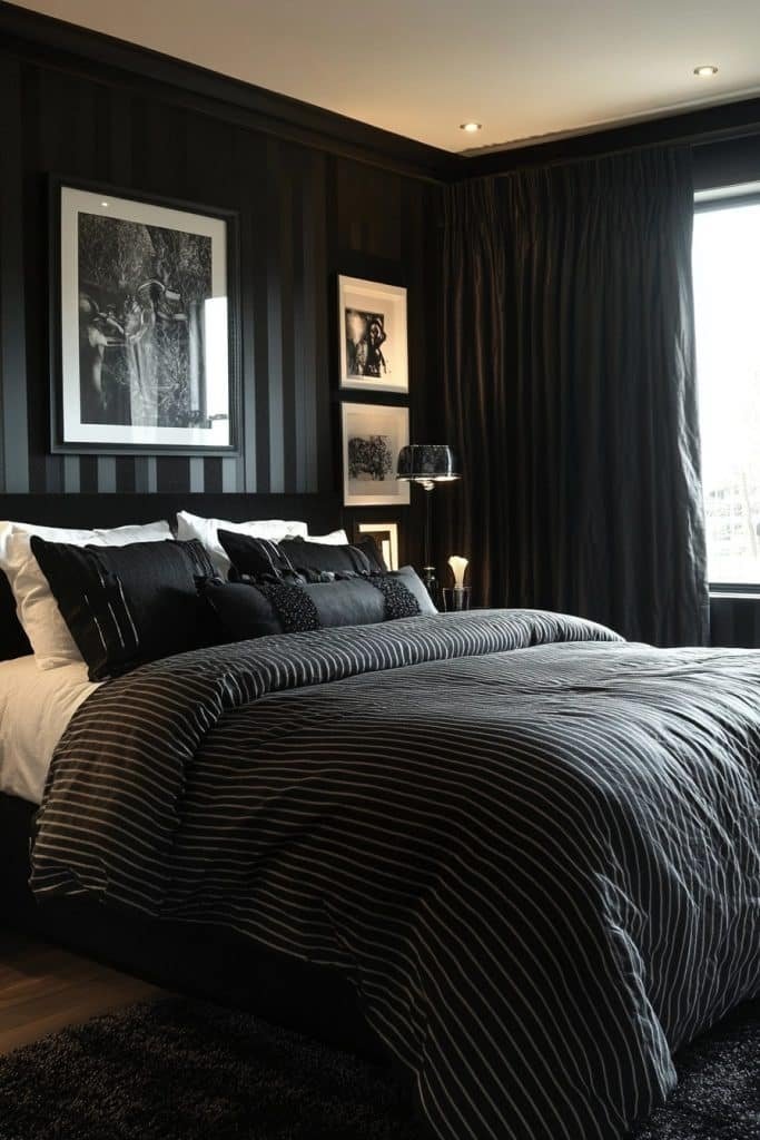 Black Bedroom with Striped Accents