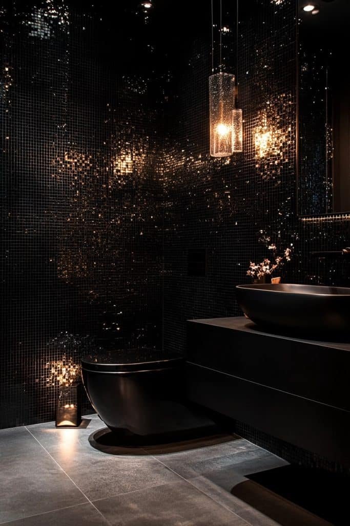 Black Mosaic Tile Powder Room