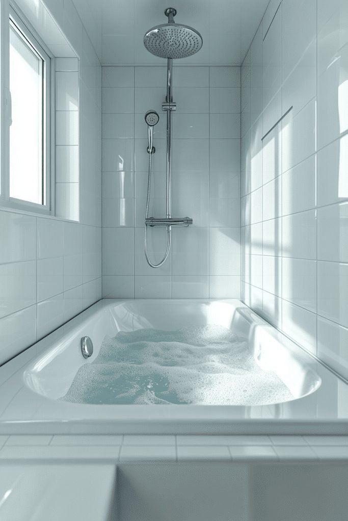 29 Small Bathroom with Tub Ideas to Enhance Your Bathroom’s Style 17 Compact Tub with Ceiling Shower