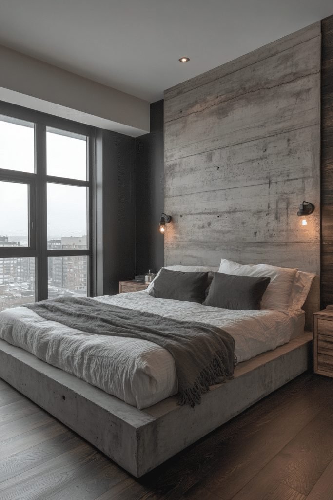 29 Brutalist Interior Design Ideas for a Bold Architectural Statement 28 Concrete Urban Bedroom