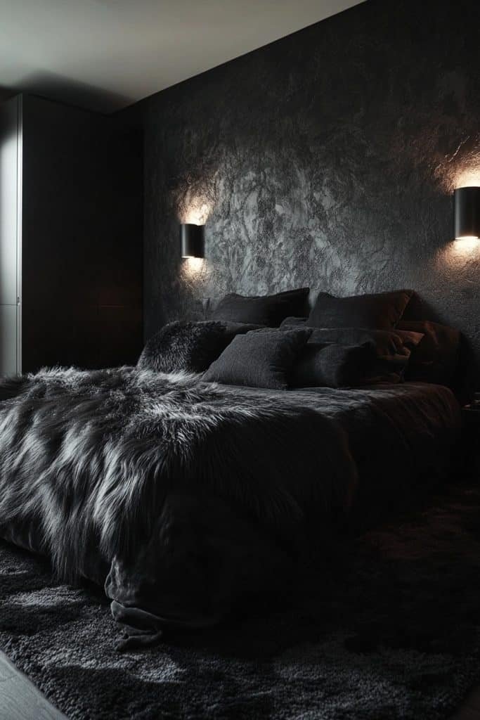 Cozy Black Bedroom with Soft Textures