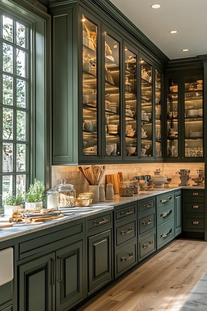 Dark Green Cabinets with Glass Paneling
