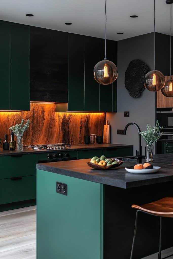 Dark Green Cabinets with Under-Cabinet Lighting