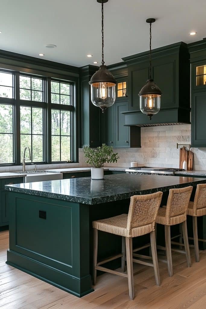 Dark Green Peninsula Kitchen