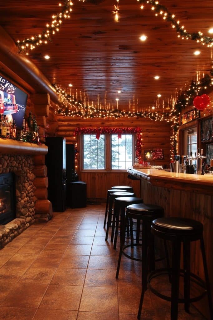 Festive Log Home Entertainment Area