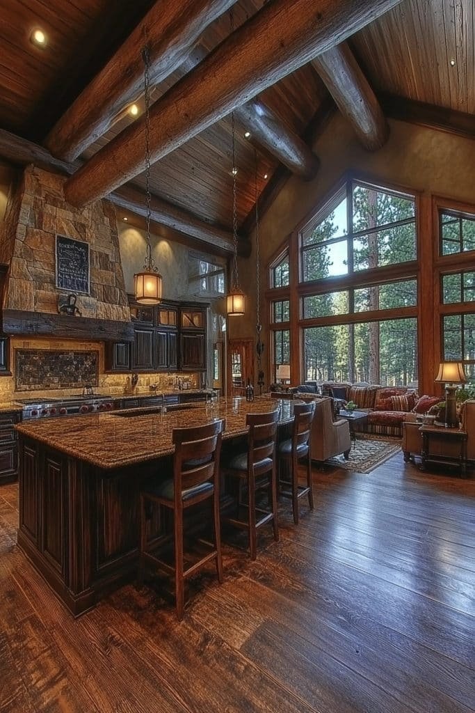 High Ceiling Log Cabin Kitchen