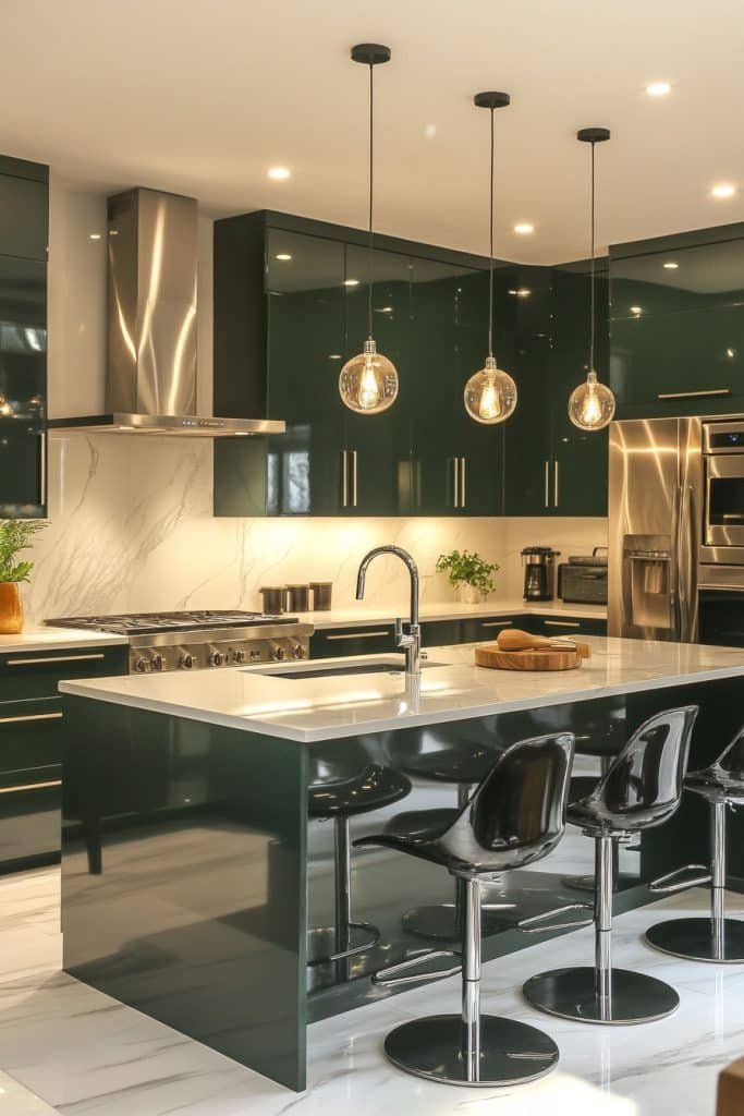 High-Gloss Dark Green with Quartz Countertops