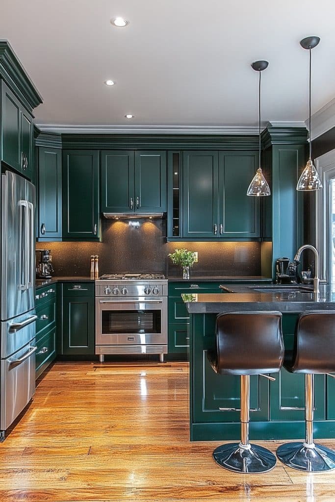 L-Shaped Kitchen with Dark Green Cabinets