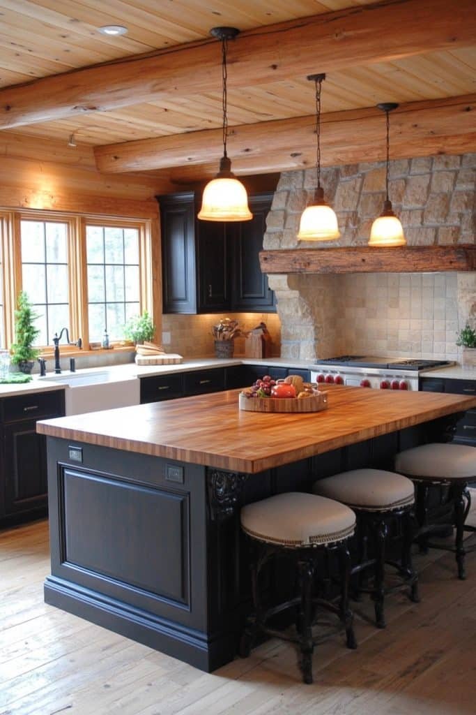 Log Cabin Kitchen with Island Centerpiece