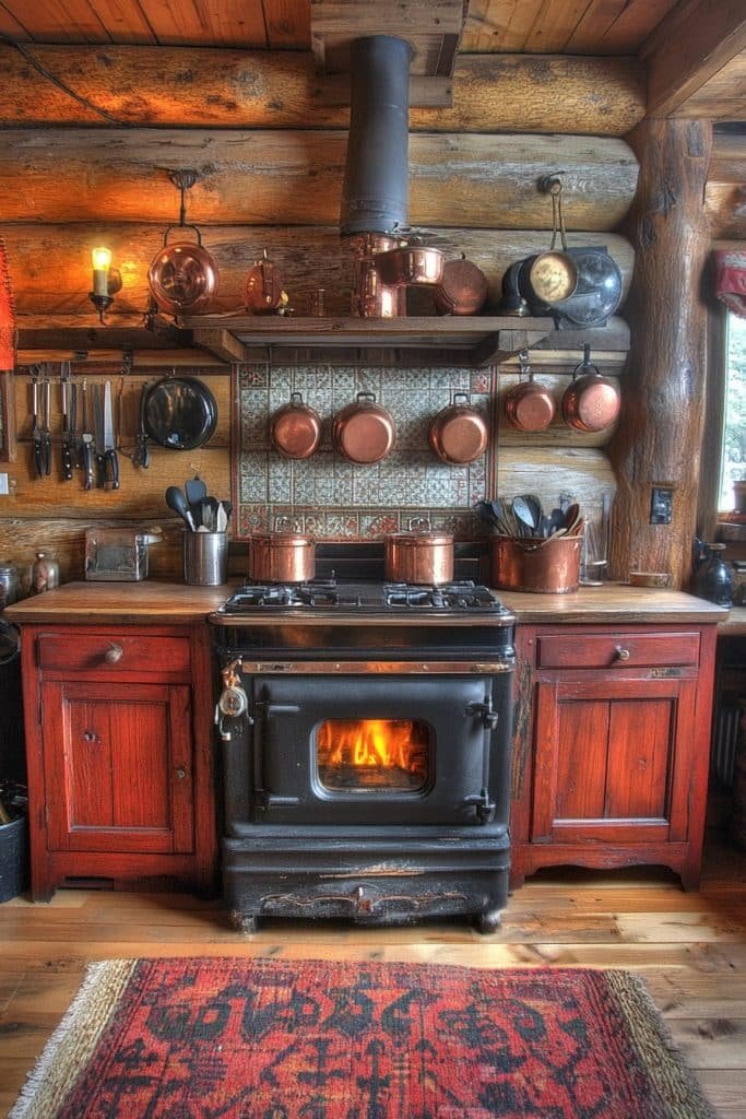 Log Home Kitchen with Wood Stove