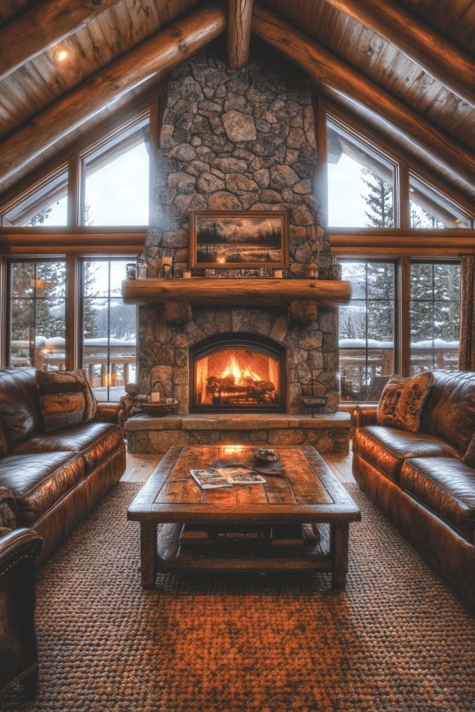 Log Home Living Room with Stone Fireplace