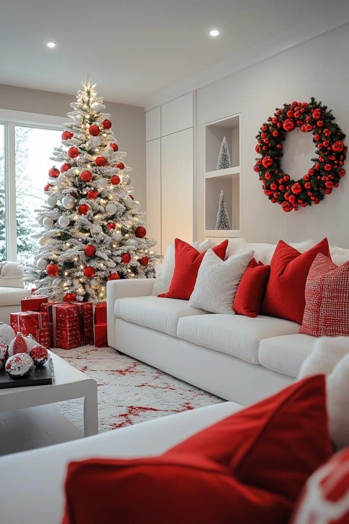 Modern Red and White Christmas Family Room