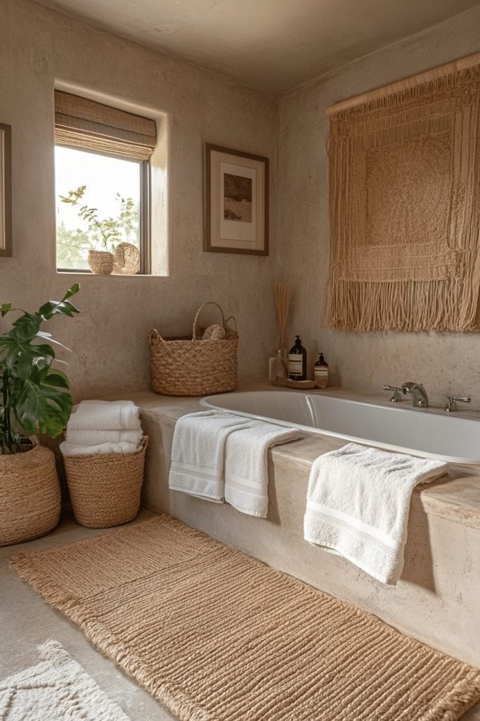 29 Earthy Boho Decor Ideas to Bring Warmth and Nature into Your Home 8 Natural Fiber Bathroom