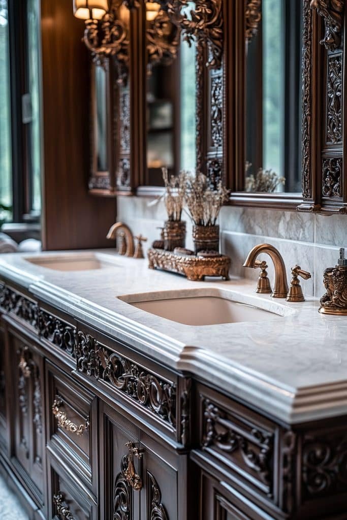 Ornate Double Vanity with Detailed Woodwork