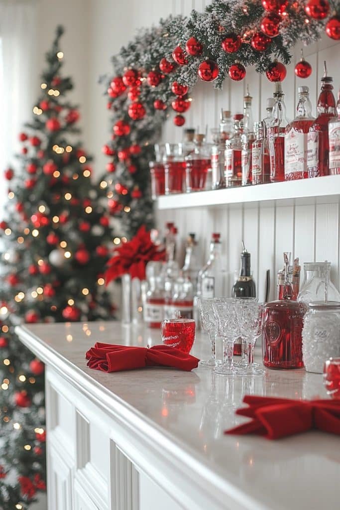 Red and White Themed Christmas Bar Area