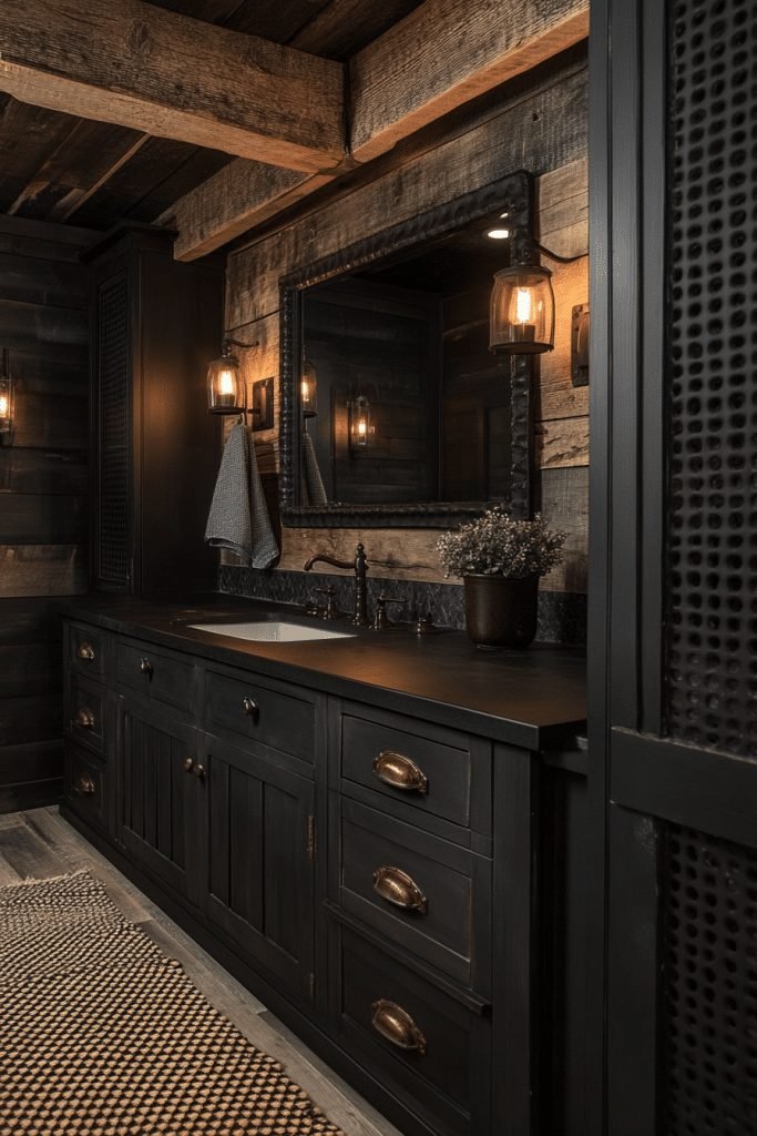 29 Black Bathroom Ideas for a Unique and Bold Statement 14 Rustic Black Barn Bathroom