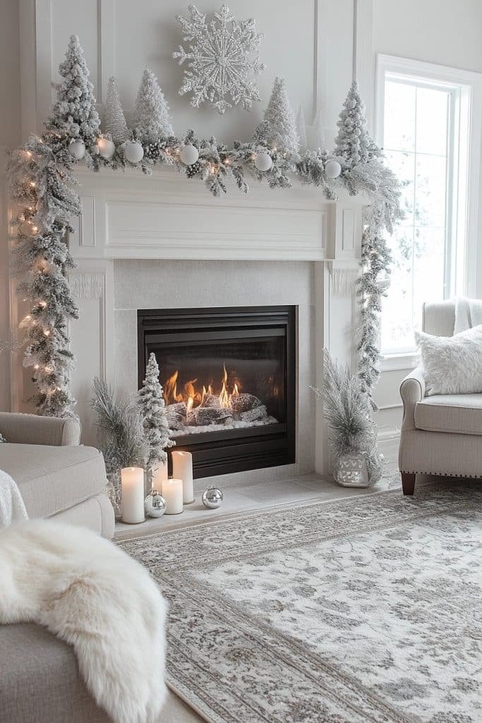 Snowy White Garland Fireplace