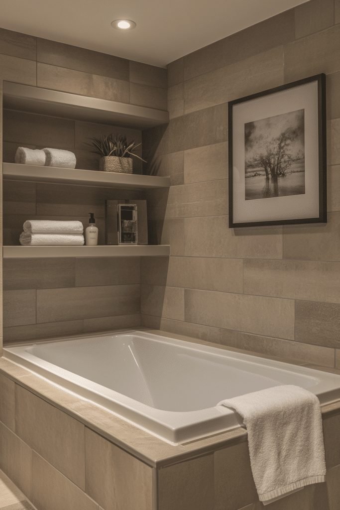 29 Small Bathroom with Tub Ideas to Enhance Your Bathroom’s Style 19 Streamlined Tub with Shelving