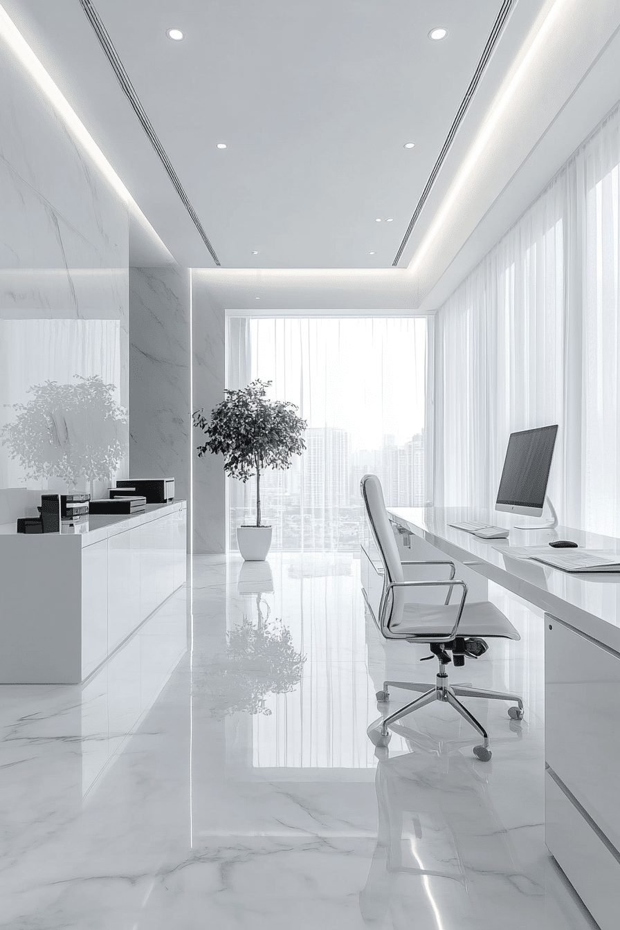 29 Contemporary Office Ideas for a Sleek and Productive Workspace 3 Sleek All-White Office