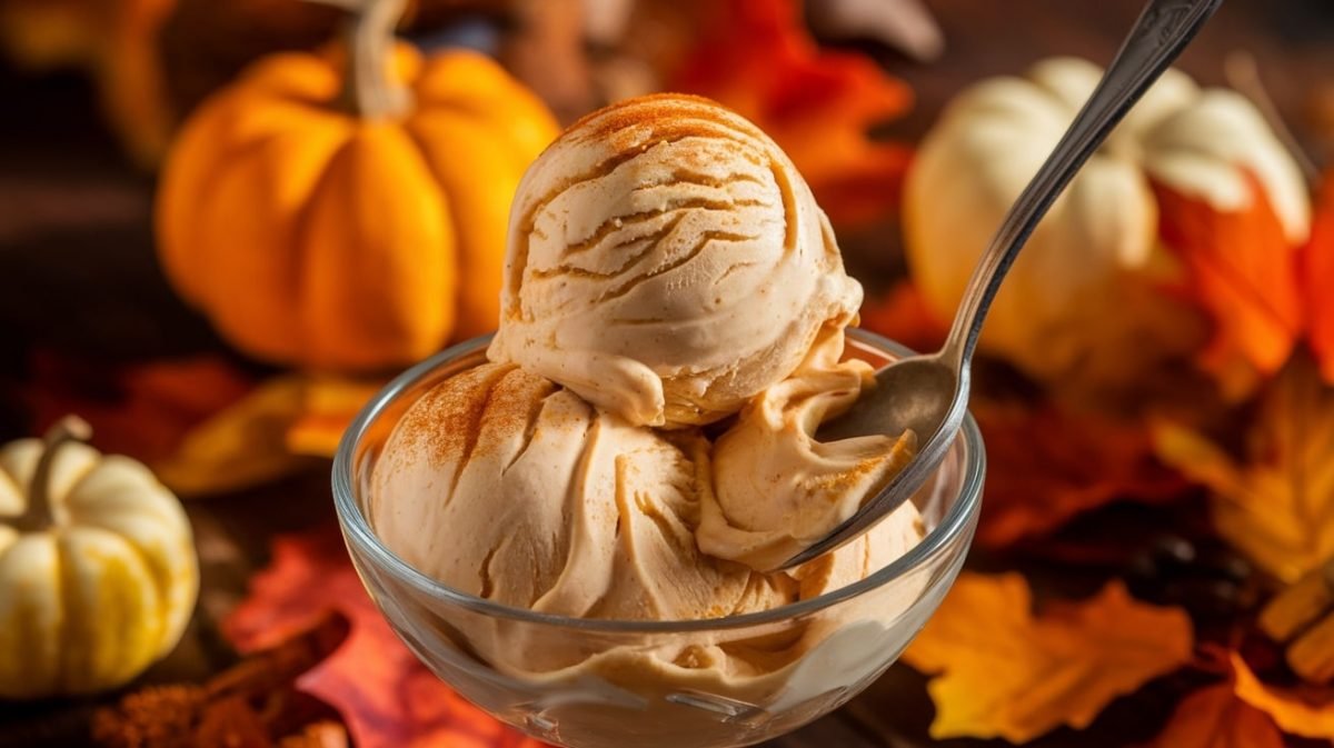 Bowl of creamy Keto Pumpkin Pie Ice Cream garnished with pumpkin spice, surrounded by autumn decorations.