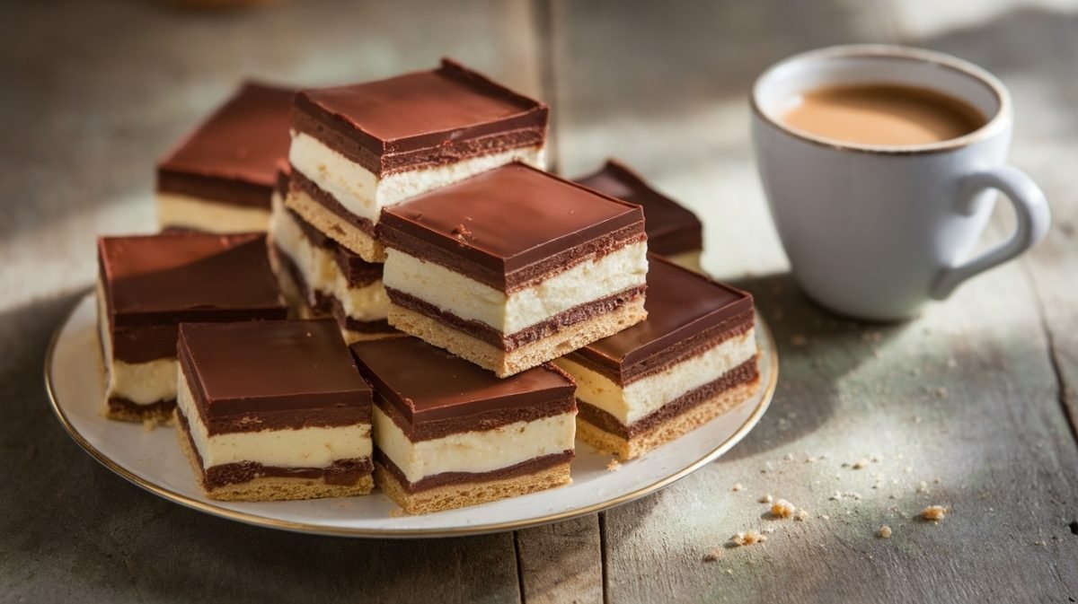 Delicious layered Nanaimo Bars on a plate, showcasing chocolate topping, custard filling, and graham cracker base.
