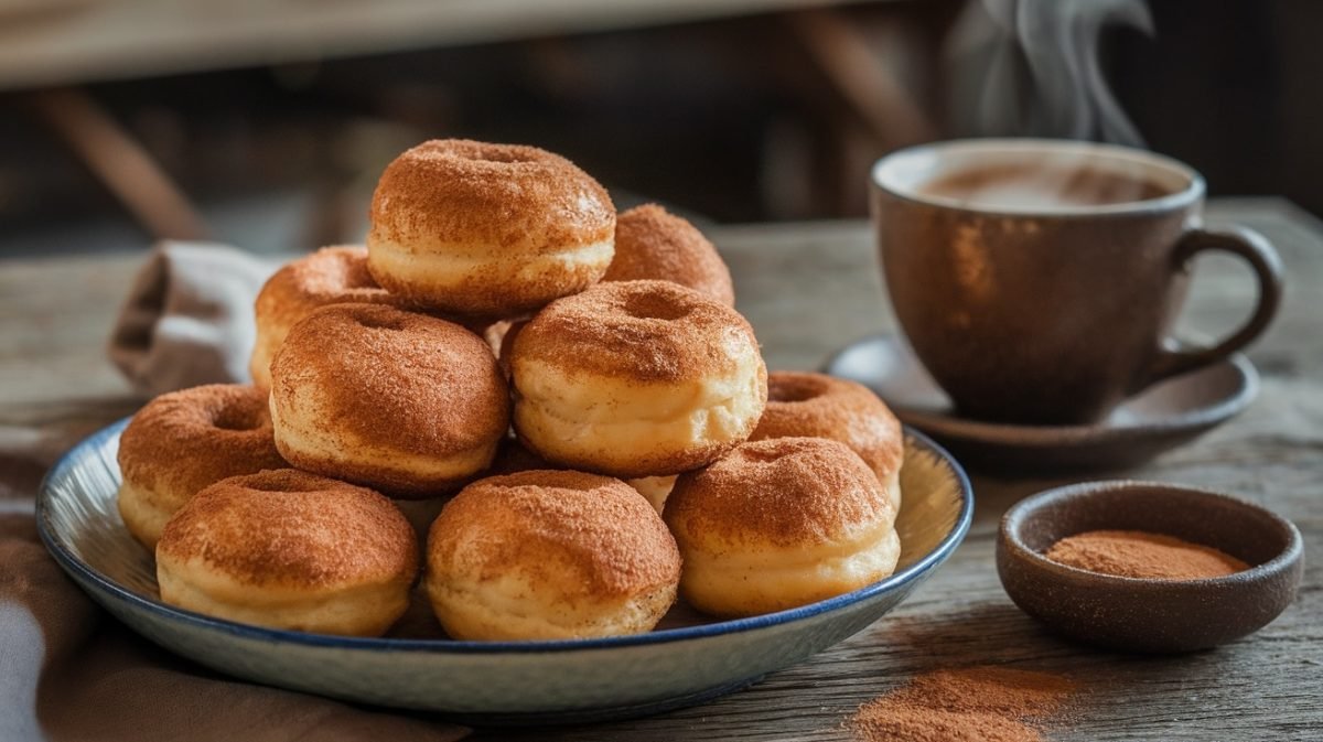 Warm keto cinnamon sugar donut holes on a plate with a bowl of cinnamon sugar and a cup of coffee.