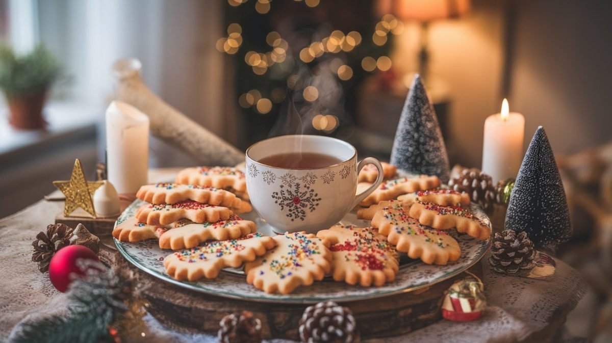A platter of German butter cookies in different shapes with colorful sprinkles and a cup of tea.