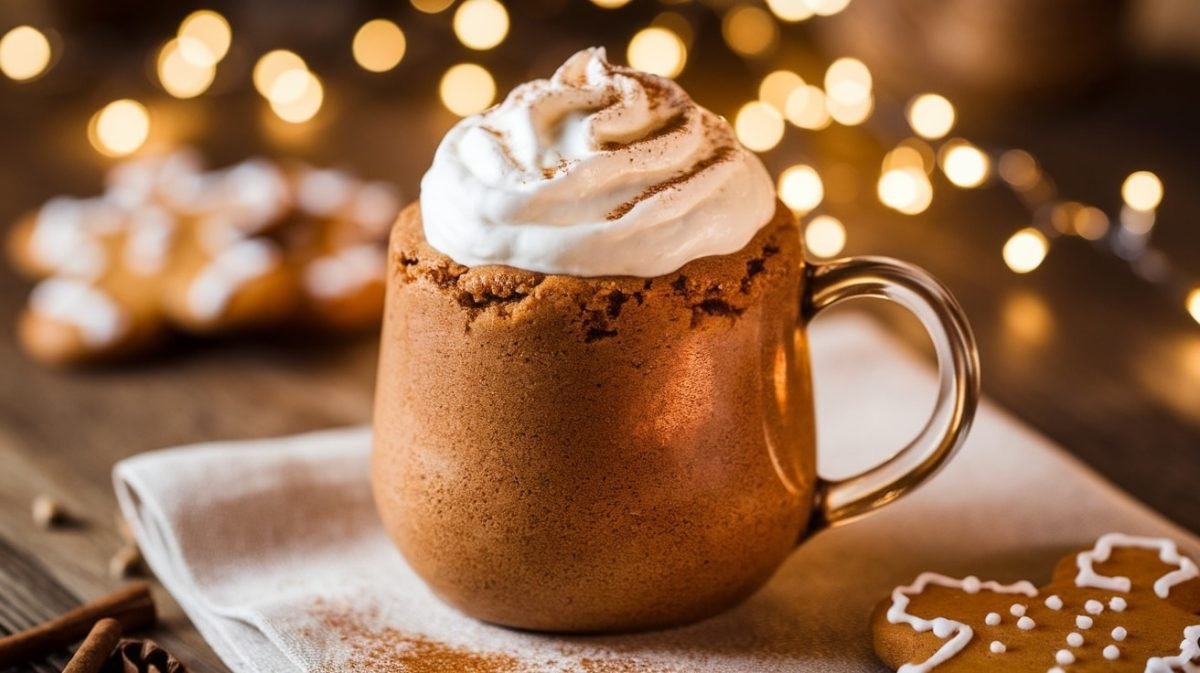 A delicious Keto Gingerbread Mug Cake in a cozy mug, topped with whipped cream and cinnamon, surrounded by gingerbread cookies.