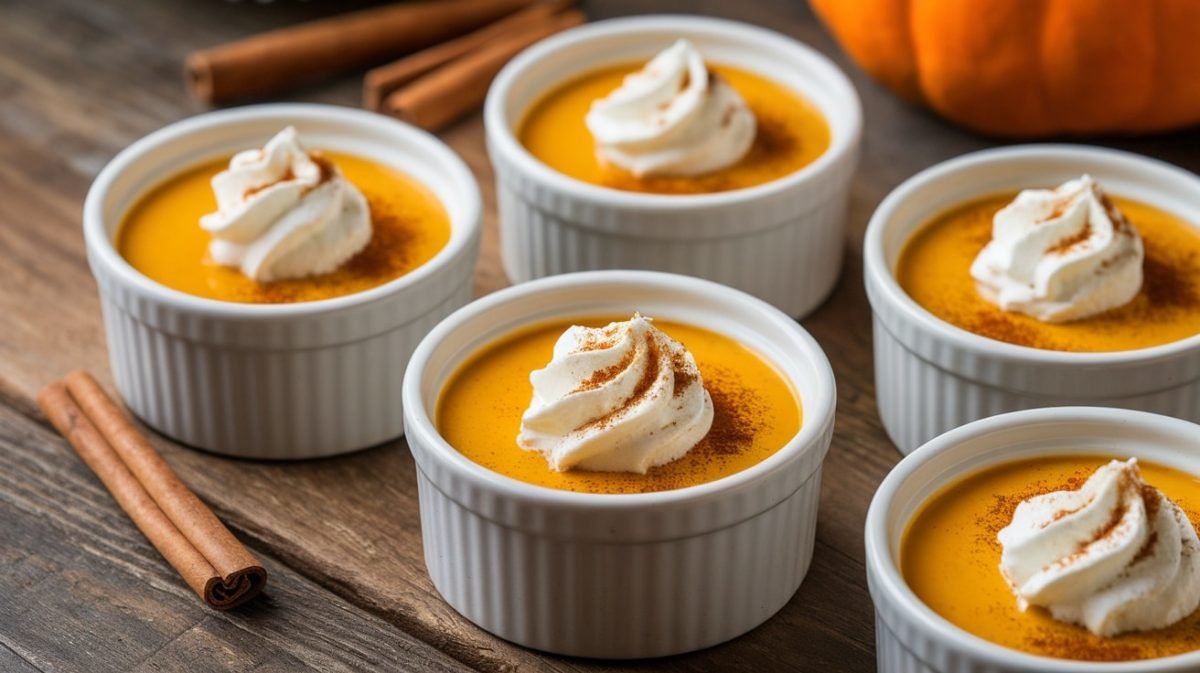 Delicious keto pumpkin custard in ramekins, garnished with whipped cream and cinnamon.