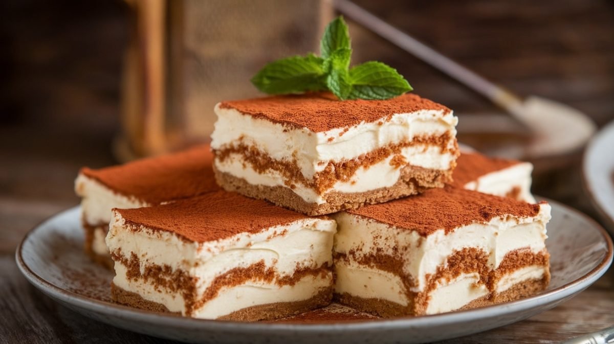 Keto Tiramisu Bars with almond sponge, mascarpone cream, and cocoa powder on a rustic plate.