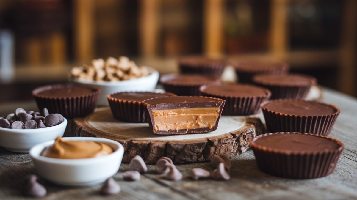 Delicious homemade Keto Peanut Butter Caramel Cups on a plate, with a rich chocolate coating and caramel drizzle, set on a wooden table.