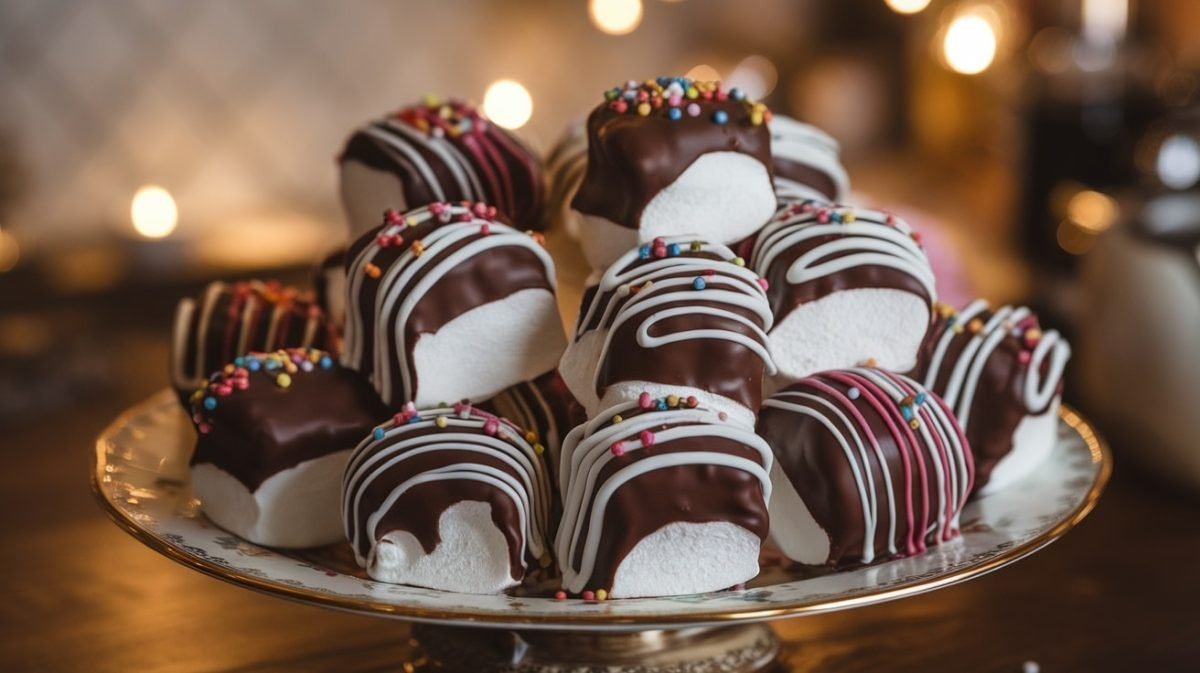 A tempting display of chocolate covered marshmallows with colorful sprinkles on a decorative plate.