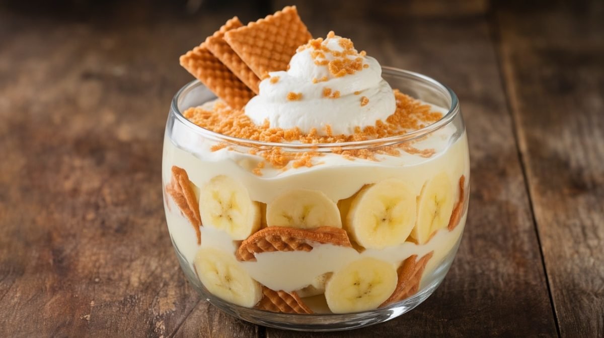 A clear bowl filled with layers of banana pudding, bananas, vanilla wafers, topped with whipped cream.