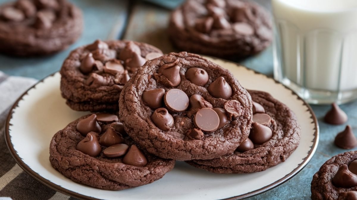 Plateful of keto double chocolate chip cookies with chocolate chips, accompanied by a glass of almond milk.