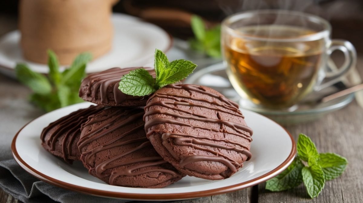 A plate of Keto Chocolate Mint Cookies drizzled with chocolate and garnished with mint.