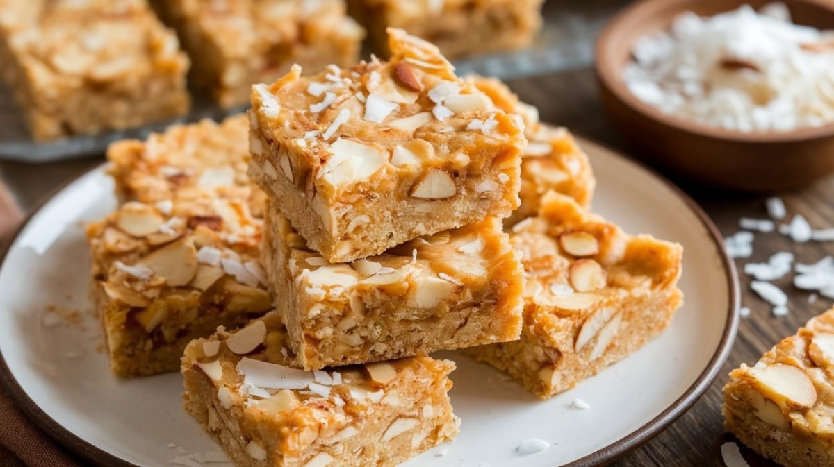 Keto Coconut Almond Bars arranged on a plate, featuring coconut and almond pieces.
