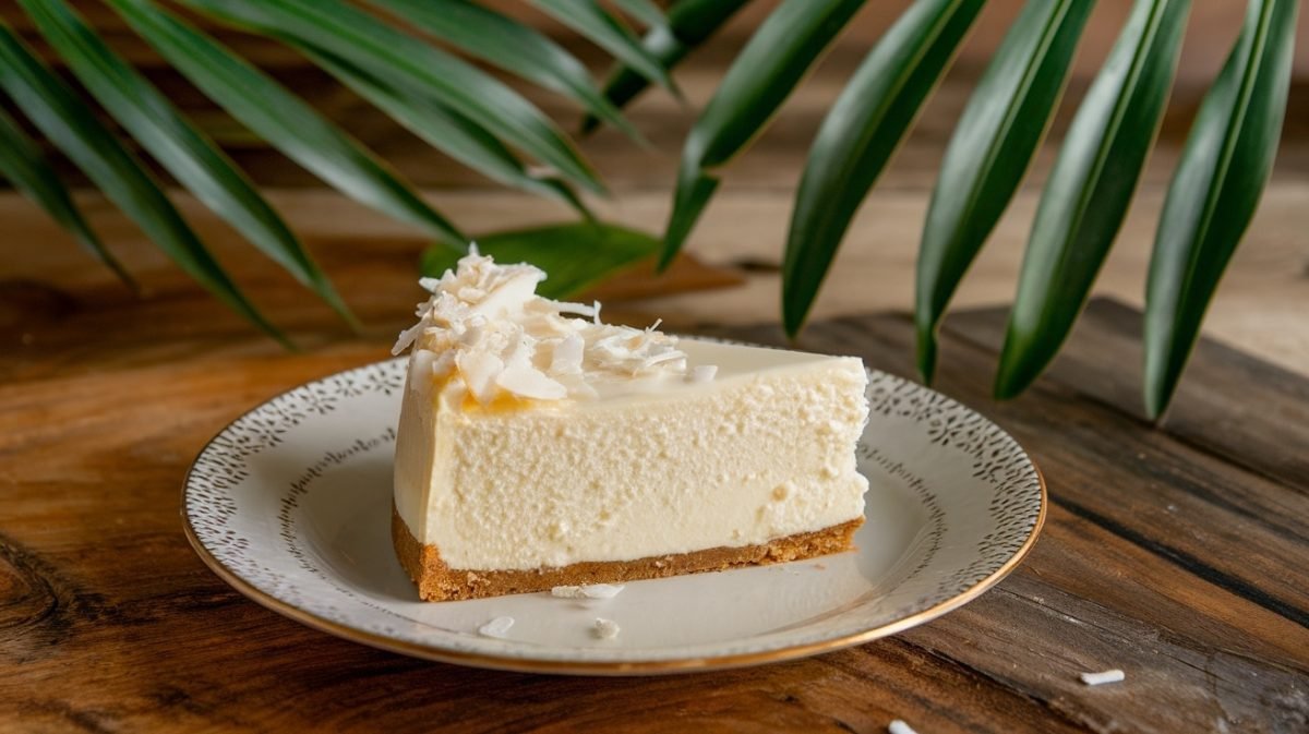 A slice of Keto Coconut Cream Cheesecake with an almond crust and shredded coconut on top.