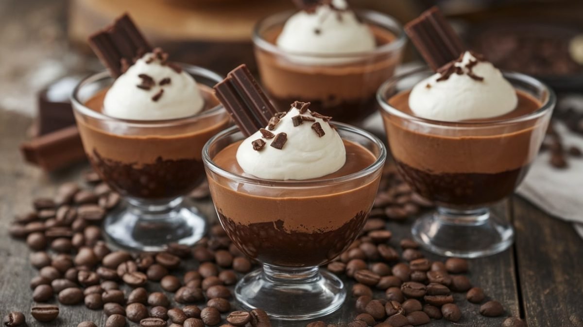 Keto Espresso Chocolate Mousse topped with whipped cream and chocolate shavings in dessert cups on a wooden table.