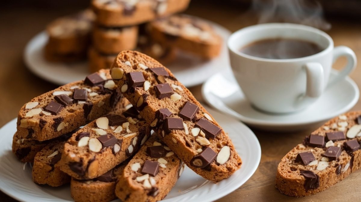 Keto Chocolate Almond Biscotti on a plate next to a cup of coffee.