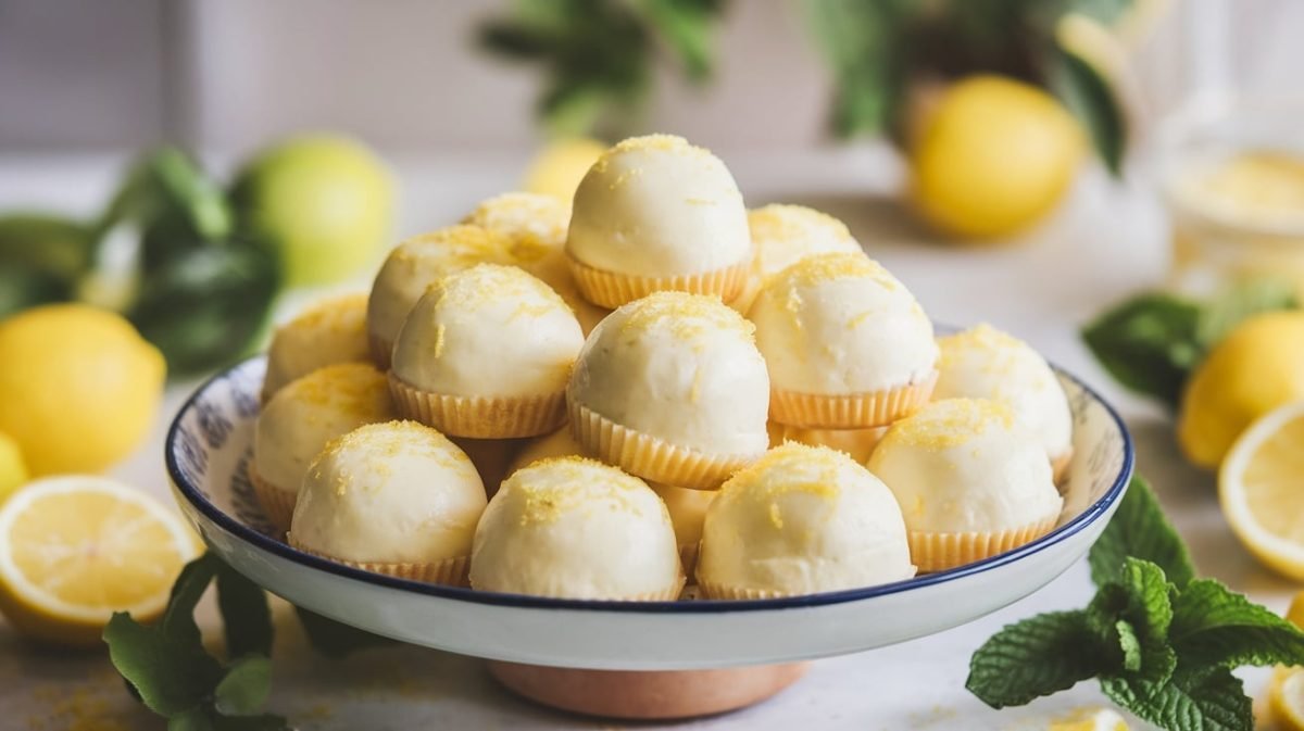 Keto Lemon Cheesecake Fat Bombs on a white plate, garnished with lemon zest and mint leaves.