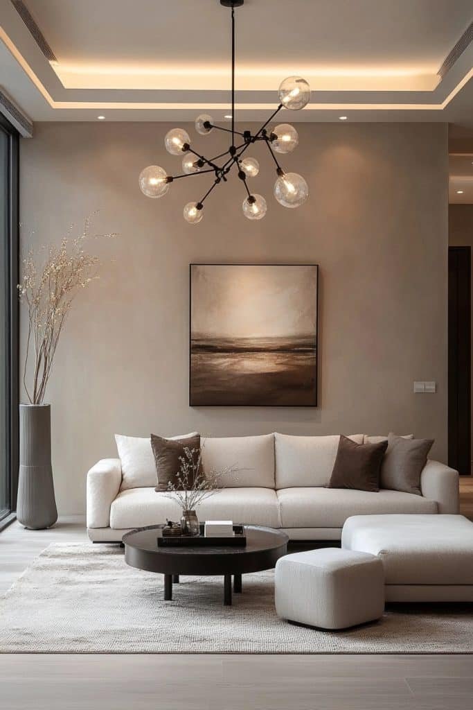 Minimalist Contemporary Living Room with Statement Lighting