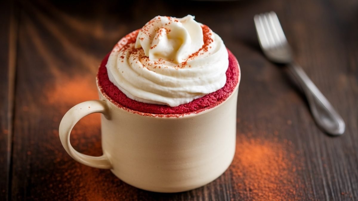 A red velvet mug cake topped with cream cheese frosting on a rustic table.